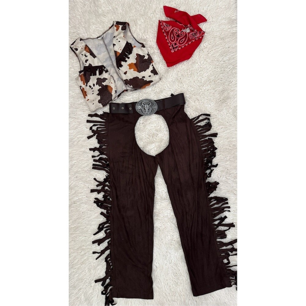 Kids Cowboy Costume Set Unisex L Cow Print Vest Fringe Chaps Bandana Belt